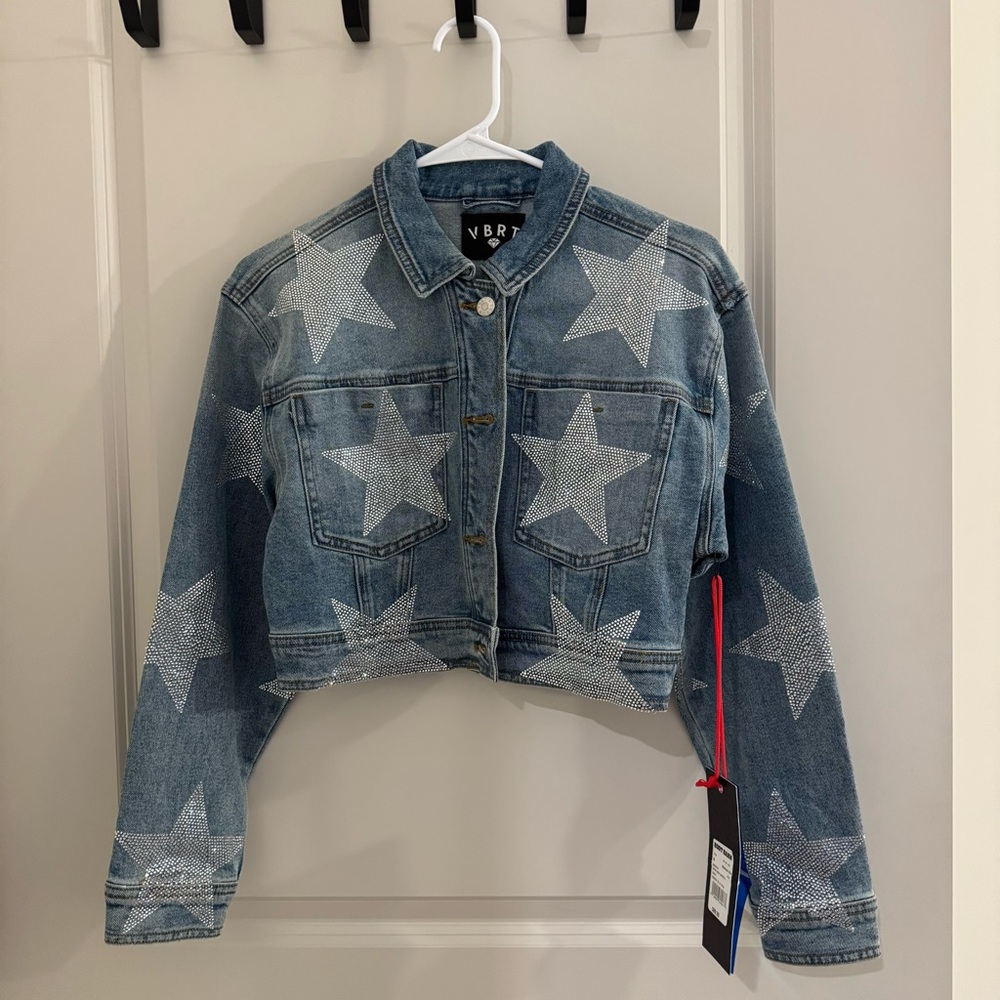 VBRH Star-Embellished Cropped Denim Jacket - Blue